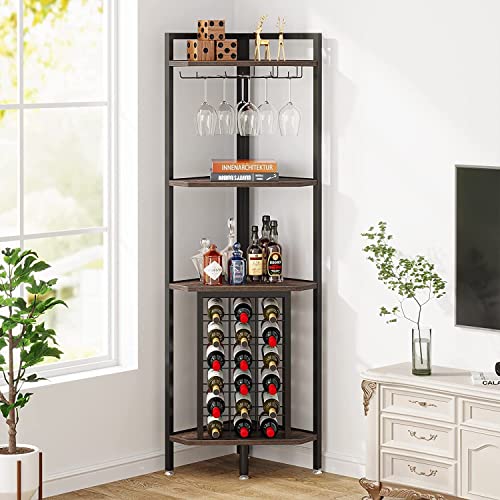 4 Tier Corner Wine Rack with Glass Holder and Bar Shelf Storage Brown Industrial Vintage MDF Steel Wood Finish Includes Hardware