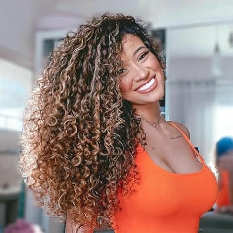 TOZIKA Ombre Blonde Curly Wigs for Women Medium Length Synthetic Wig Afro Wave Curly Free Part Fluffy Wig 26 inch Curly Wavy Hair Replacement Wig Cover