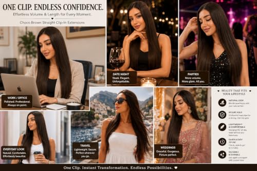 Image of Salon-Grade Clip-in Hair Extensions for Women, Imported Synthetic Hair, 6 PCS with 13 Secure Clips, Instant Volume, Natural Blend, Reusable Hair Volumizer (Choco Brown, Straight)