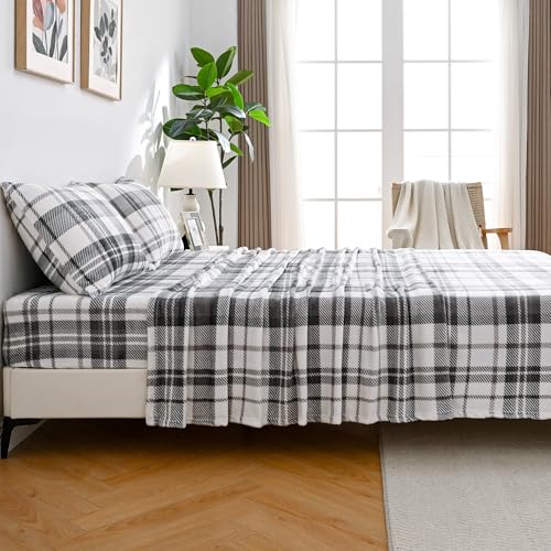 Image of Viviland Plush Microfleece Full Bed Sheet Set, Gray White Plaid | Soft Flannel-like Fleece, 100% Polyester, Fluffy Velvety Feel, 200GSM, 15 inch Deep Pocket, Warm Winter Gift & Decor