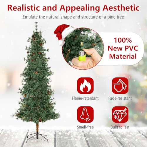 Image of Goplus 8 FT Pre-Lit Artificial Christmas Tree, Cashmere Xmas Tree with 702 Pine Needles, 400 Warm White LED Lights with Bulb Cover, Natural Pine Cones, Foldable Metal Stand, Home Office Decoration