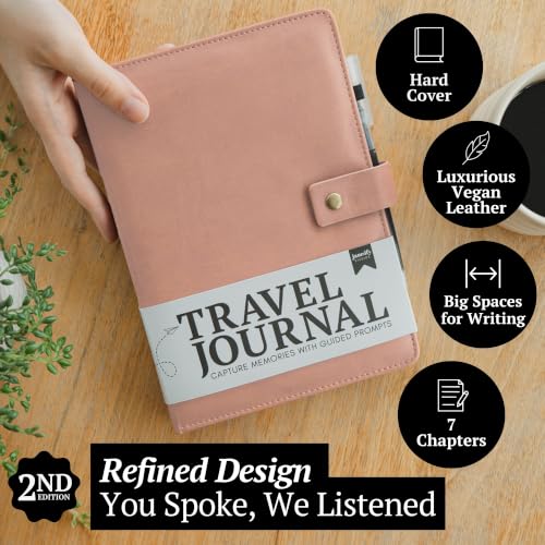 Image of Travel Journal with Prompts (Hardcover) 2nd Edition - Vegan Leather Adventure Essential - 2-Page-A-Day Travel Journal (40 Days) for Women Men Nonbinary - A5 Daily Diary & Traveler Notebook - Gift - Present - Blush Pink