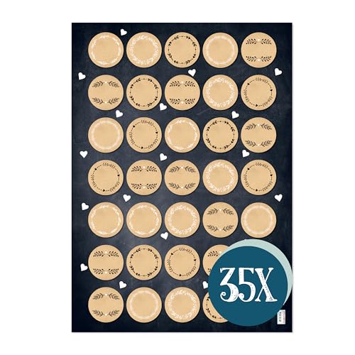 Runde Blanko-Aufkleber, 35er Set: Sticker in Kraftpapier-Optik für Verpackung & Geschenke, Klebeetiketten Hochzeit, Zum Beschriften & Selbst Gestalten, Geschenkaufkleber Rund, Natur, Klein, Ø 3,2 cm