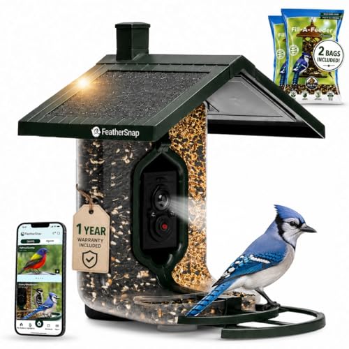 FeatherSnap Smart Bird Feeder with Camera Solar Powered AI Bird ID 1080p HD Night Vision Includes 2 Bird Seed Bags Mounts to Tree or Fence