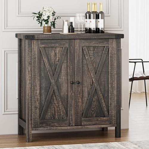 GarveeHome Small Storage Cabinet, Farmhouse Sideboard Buffet Cabinet with 2 Doors and Adjustable Shelves, Accent Entryway Console Cabinets for Living Room, Dining Room (Dark Oak, 2 Pieces)