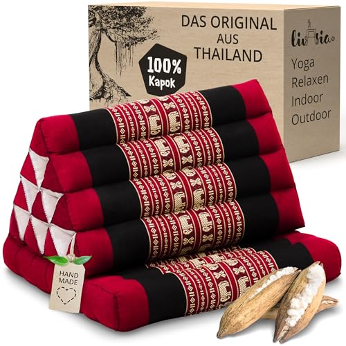 livasia Thaikissen mit 1 Auflage - 75x50x8cm - Dreieckskissen mit Sitzkissen, Keilkissen mit Kapok, Rückenkissen faltbar, Thaimatte zum Klappen,...