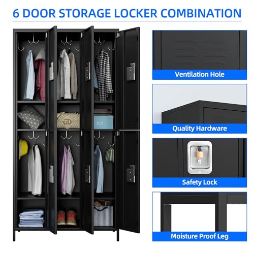 Image of SUPEER 6 Door Metal Storage Locker for Employees,Heavy Duty Steel School Locker with Adjustable Shelves and 18 Hooks,Metal Lockers for Office,Gym,Home,72 inchH x 35.4 inchW x 15.75 inchD,Black,Assembly Required