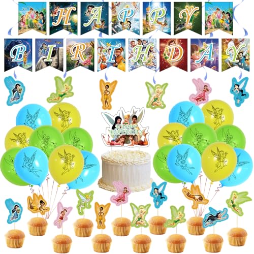 Tinker Bell Birthday Party Decorations Fairy Themed Party Supplies with Happy Birthday Banner Cake & Cupcake Toppers Latex Balloons for Fans Party Favors