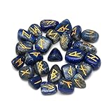 ARHAM CRYSTAL Lapis Lazuli Runes Stone Set with Velvet Pouch, Elder Futhark Viking Engraved Divination Runic Alphabets Symbols for Reiki Witches & Energy Balancing