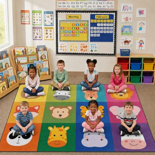 Classroom Carpets Squares Playmat Rugs - 6x9 Ft Kids Rug with Rubber Backing, Colorful Squares&Cartoon Animals Classroom Seating Rug Play Mat Nursery Rugs for Preschool Elementary Playroom -12 Seating