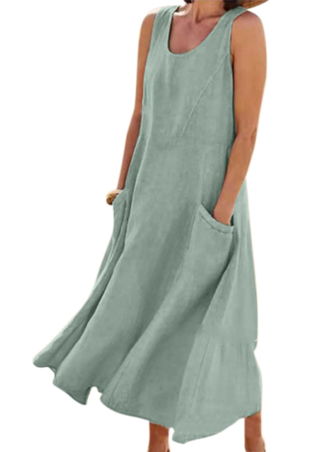 ROFUSSO Vestido de Verano Mujeres Vestido de Algodón de Lino Maxi Vestido Sin Mangas Vestido de Playa Casual Cuello Redondo Elegante Boho Tank Dress con Bolsillos
