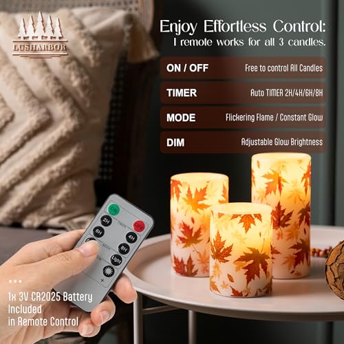 Image of Fall Flameless Candles with Remote, Autumn Maple Leaf Battery Candles | Set of 3 LED Candles with Timer Battery Pillar Candles Real Wax Thanksgiving Mantel Decor Electric Fake Candles