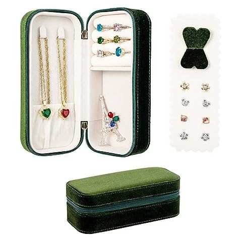 SANQIANWAN Small Jewelry Travel Organizer Box with Velvet Portable Jewelry Storage Case for Necklace Rings Earrings,Gifts for Girlfriend (Green Velvet) Cover