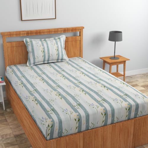 Image of NHD HOME Pure Cotton 220 tc Flat Single Bedsheets for Summer Breathable | Wrinklefree | Super Soft (Size-60 X 90 Inch) with 1 Pillow Covers (Size-17 X 27 Inches, Sage Stripe