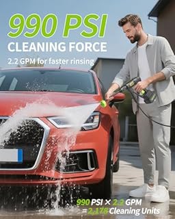Cordless Pressure Washer Battery Powered; 990PSI Cordless Power Washer with 6-in-1 Nozzle, 23FT High-Elastic Hose, 21V Battery&Charger; Home Portable Handheld Pressure Washer Cleaner (Evergreen)