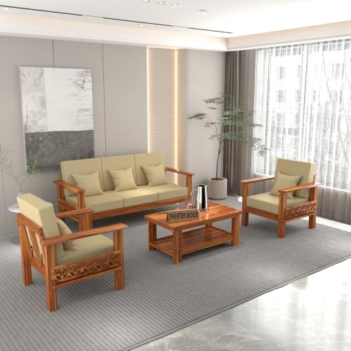 Image of Solid Sheesham Wood 5 Seater Sofa | Handmade Wooden Sofa with Upholstered Cushioned Seat & Backrest | Modern Carved Couch for Living Room, Bedroom, Office & Reception