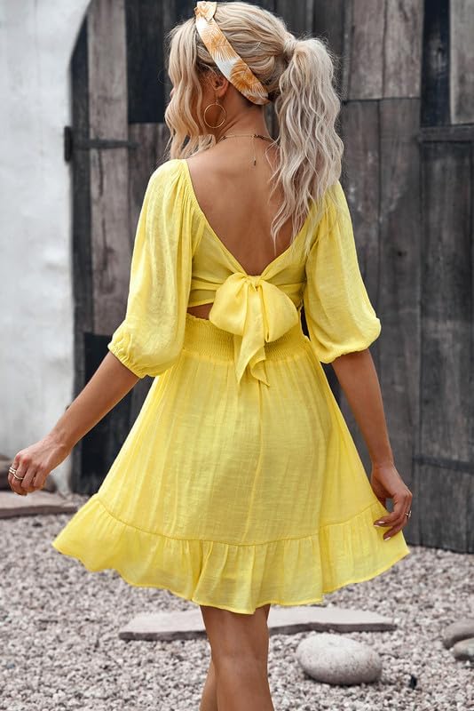 Dokotoo Womens Summer Dresses Square Neck Tie Back Lantern Sleeve Ruffle A-Line Casual Dress: Small 8a Yellow