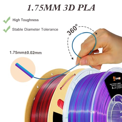 Image of LOVOON Silk PLA Filament 1.75mm, 2KG Bundle 3D Printer Filament, 3D Printing Filament Shiny Change by Angle, Dual Color Black /Red and Blue /Purple, 1KG X 2 Spools