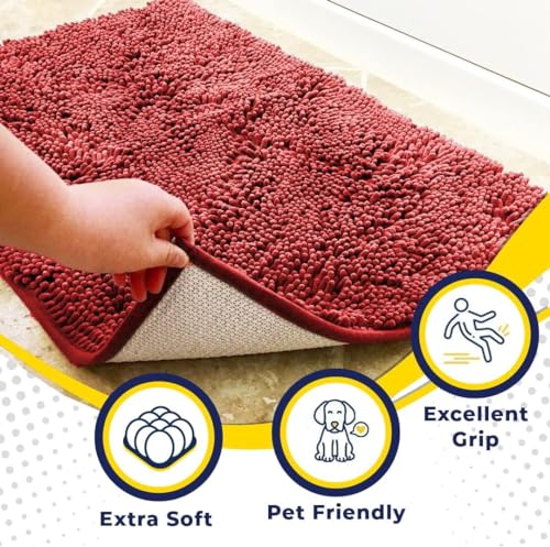 Muddy Mat® AS-SEEN-ON-TV Highly Absorbent Microfiber Door Mat and Pet Rug, Non Slip Thick Washable Area and Bath Mat Soft Chenille for Kitchen Bathroom Bedroom Indoor and Outdoor - Red 24" x 72"