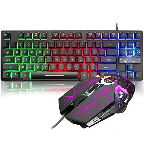 LexonElec K16 Clavier de jeu filaire 87 touches avec rétroéclairage à LED arc-en-ciel rétroéclairé pour PC et jeux vidéo 6 boutons 2400 DPI 7 LED rétroéclairé pour PC, bureau, jeux