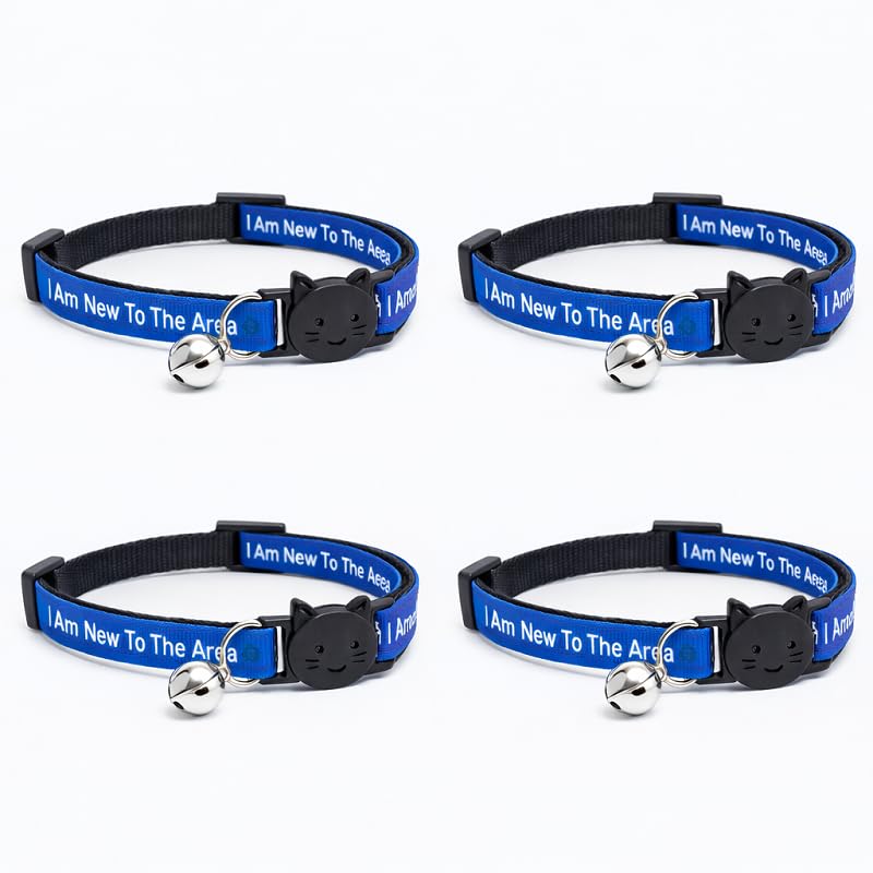 Worded Cat Collars β Please Do Not Feed Me, I Am Microchipped | Safe Quick Release Breakaway Buckle | Zacal Cat Collars (Pack of 4, Blue, I Am New To The Area)