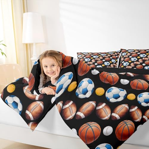 Image of Feelyou Soccer Football Comforter Set Queen Size Basketball Baseball Softball Sport Theme Bedding Set for Kids Boys Girls Black Duvet Quilt Bedroom Decor Microfiber 3 Pcs with 2 Pillow Cases