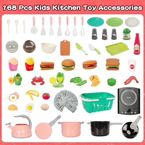 168Pcs Kids Play Kitchen Accessories Toy Set, Pretend Cooking Food Playset with Induction Cooktop, Pot, Pan, Utensils, Cutting Fruit, Prop Money & Shopping Basket, Learning Gifts for Toddler Girl Boy - Thumbnail 2