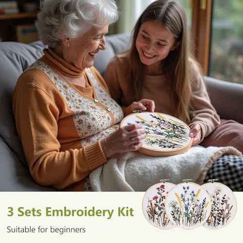 Image of Santune 3 Pack Embroidery Kit for Beginners, Needlepoint Cross Stitch Kits for Adults,Needle Point Sets with Stamped Wild Flower Pattern Stitch Video Tutorial