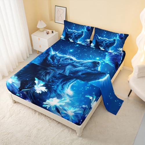 AILONEN Wolf Fitted Sheet Set Full Size,Blue Starry Butterfly Wolf Bed Sheet Set for Kids Boys Girls,Animal Wolf Head Printed 4 Piece- 1 Fitted Sheet & 1 Flat Seet with 2 Pillowcases