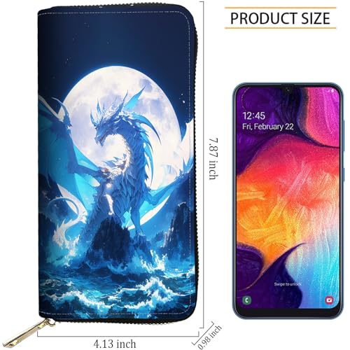 Image of RFID Blocking Leather Wallet for Women - Large Capacity Zip Around Clutch with 8 Card Slots,18 Cash Pockets & Coin Zipper,Blue Dragon