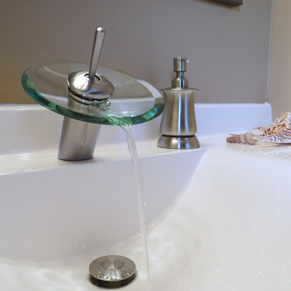 Novatto REFRESH Single Lever Waterfall Lav Faucet, Brushed Nickel/Clear Glass