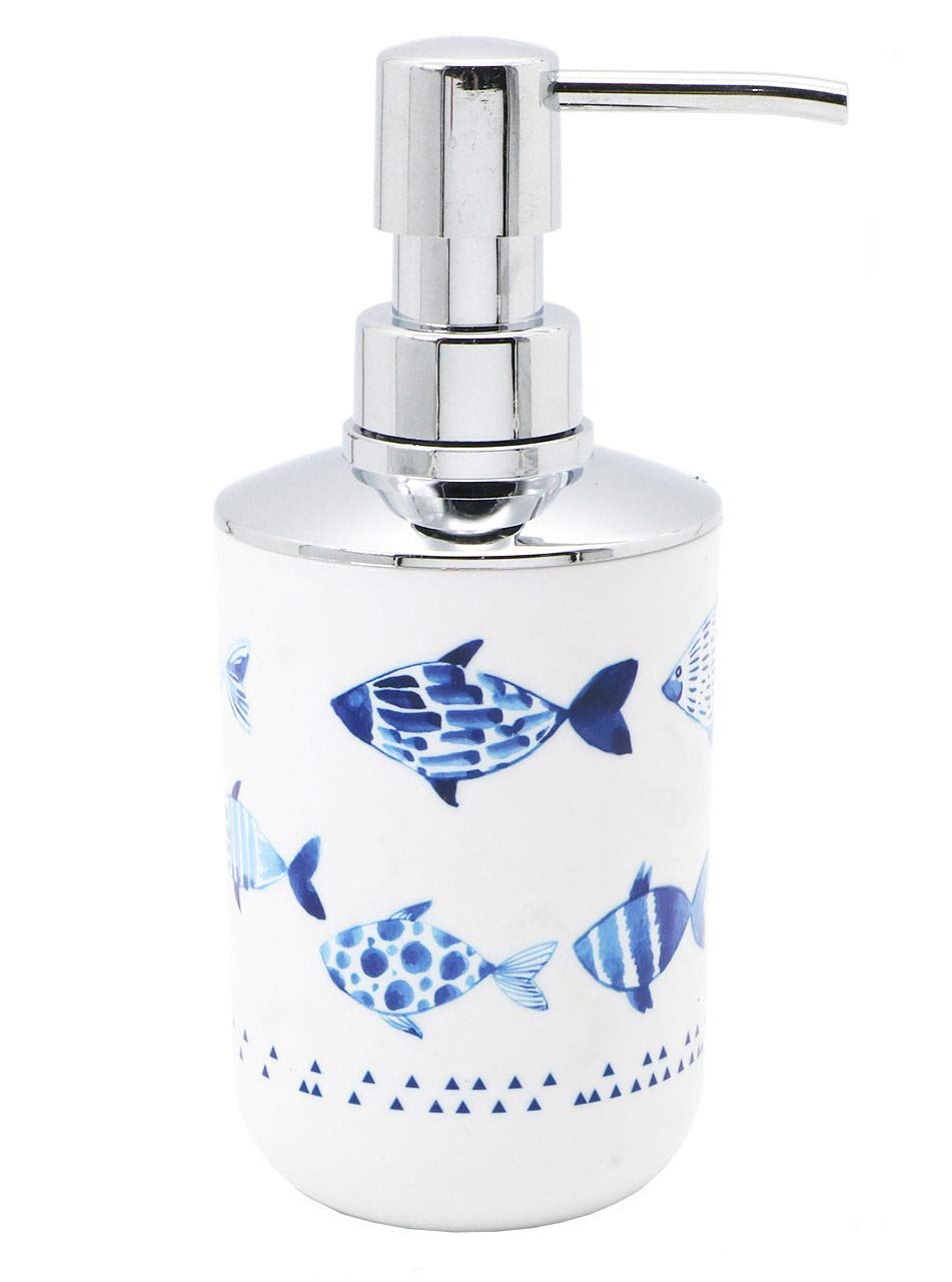 BM 4026 Set di Accessori da Bagno Bianco Blu Decorato Motivo Pesciolini, Accessori Bagno Completo 6 Pezzi, Dispenser, Portaspazzolino, Bicchiere, Portasaponetta, Portascopino, Pattumiera