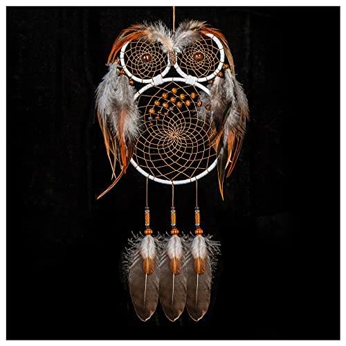 Owl Dream Catchers for Bedroom , AAB Dream Catchers with Brown Feathers Boho Room Decor Living Room Decoration, Handmade Dreamcatcher with Wooden Beads Christmas for Girl Women Boy Kid (Brown-Owl)