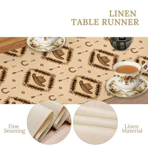Image of Western Cowboy Table Runner, Aztec Geometric Horseshoe Hat Pattern Linen, Rustic Beige Dining Decor for Farmhouse Kitchen 13x72 Inch