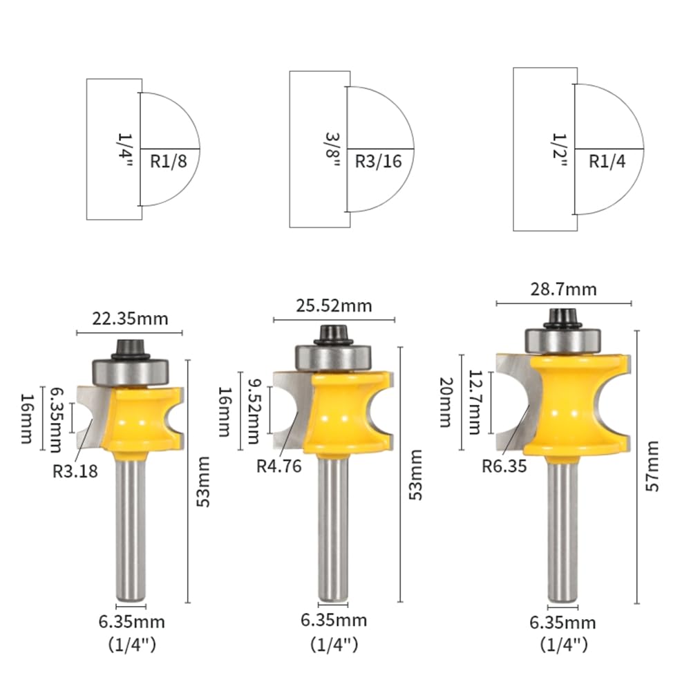 1-5 szt. 6mm 6.35mm 8mm 12mm 12.7mm Shank Bullnose półokrągły zestaw bitów z łożyskiem, frez do obróbki drewna do frezu czołowego do drewna(5pcs 6.35mm shank)
