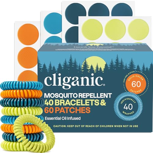 Image of Cliganic Mosquito Repellent Bracelet Stickers Pack for Kids & Adults Multi Color, Natural DEET-Free, Essential Oil Infused 40 Bands with 60 Patches, Citronella Scent