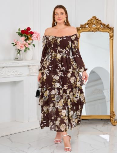 Image of EYWOL Plus Size Long Sleeve Floral Tiered Semi Formal Wedding Guest Dress | Chiffon Maxi, On or Off Shoulder, Flowy A-Line, Side Slit, Elastic Back Waist, Cocktail, Dinner Party, Engagement, Prom, Gala