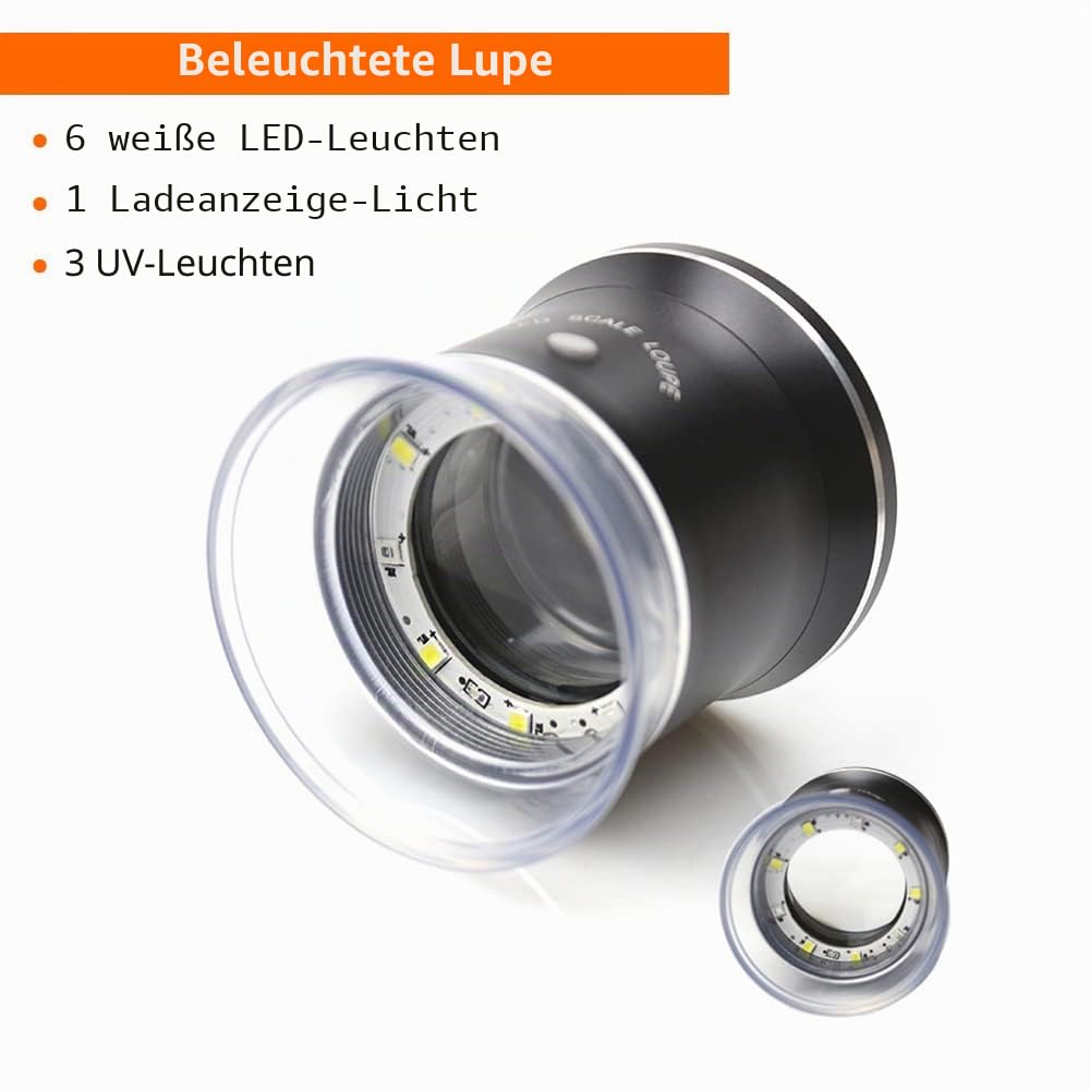 Irfora 30-fache LED-Skalenlupe, beleuchtete Lupe mit 6 weißen, 3 -Lichtern, wiederaufladbare Lupe, austauschbare Fadenkreuzskala für PCB, Schmuck, Münzen, Stempel, antike Textilmalerei, mit