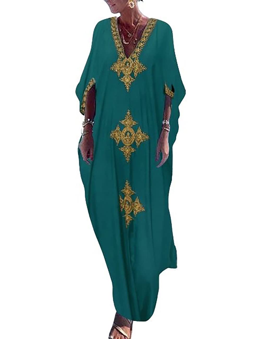Bsubseach Gold Embroidery Long Kaftan Dresses V Neck Caftan Dress Beach Cover Ups for Women Embroidery