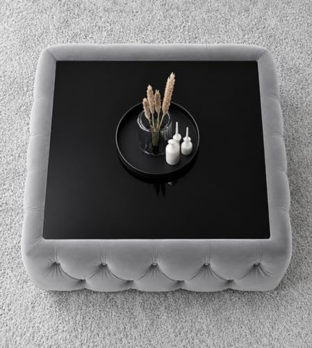 Image of Premium Tufted Upholstered Coffee Table with Mica Top - Modern Square Ottoman Center Table, Soft Velvet Finish, Luxury Living Room Furniture - 30 x 30 x 18 Inch (Grey)