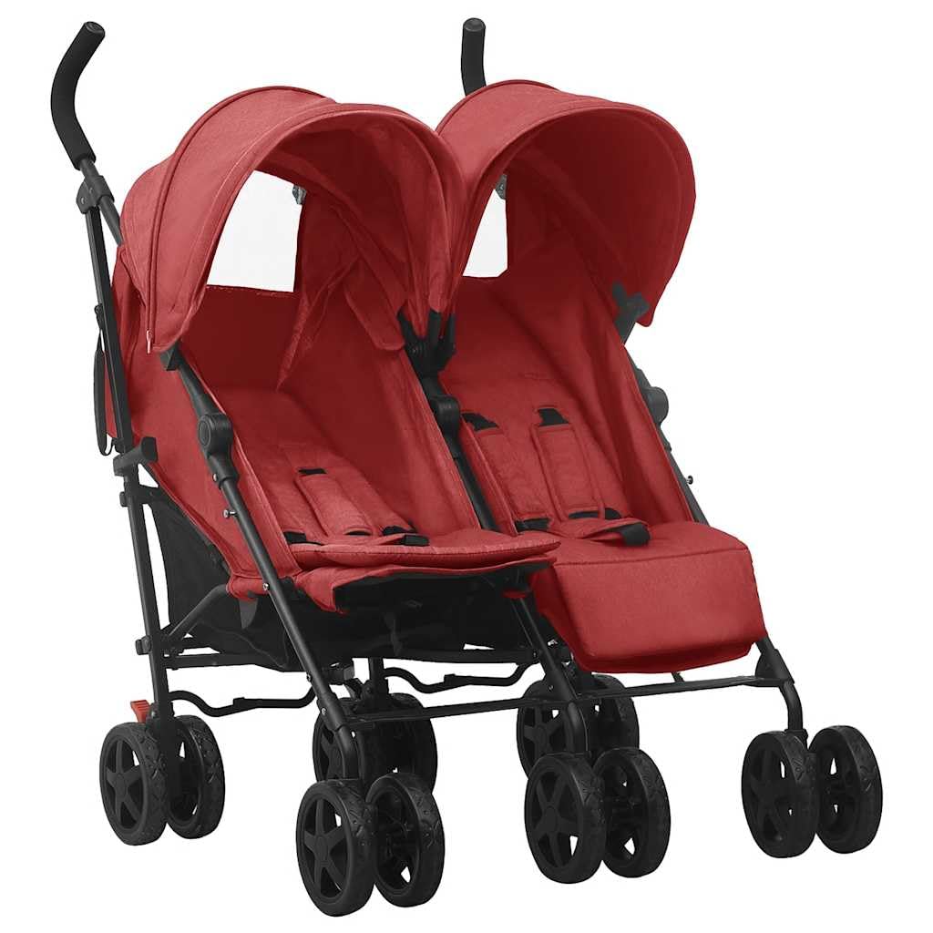 Poussette pour frères et sœurs en acier rouge avec 12 roues, dossier réglable sur 4 positions, pliable avec capote et panier, poussette double compacte pour promenade, voyage, shopping