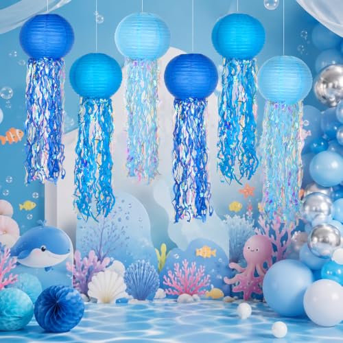 Image of Set of 6 Hanging Jellyfish Paper Lanterns Blue Jellyfish Decor for The Sea Ocean Party, Mermaid Birthday Decoration, Baby Shower, Nautical Events (Glitter Blue)