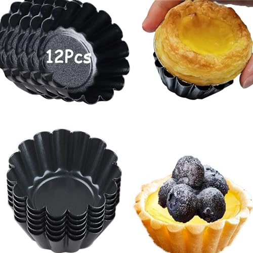 Richsc-Pan Egg Tart Molds, 12 Pcs Non-Stick Very Mini Tart Pans, Mini Tart Mold 3 Inchtop, 1.7 Inch Bottom, 0.9Inch High, Carbon Steel, Kitchen Reusable Baking Tools.
