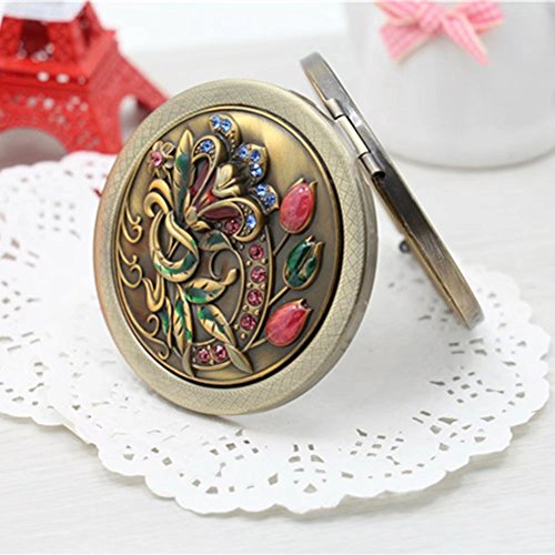 BLUENIVEYY Bronze Flower Bird Double Sides Portable Foldable Pocket Metal Makeup Compact Mirror Woman Cosmetic Mirror,B