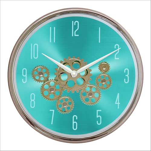 Image of OREVA 14 Inch Round Plastic Rotating Moving Gears Wall Clock Industrial Steampunk Real Moving Gear Designer Wall Clock for Living Room Home Decor Office AQ-9277 (Green)
