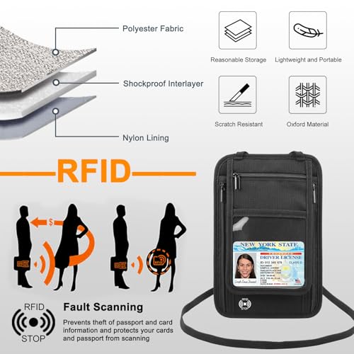 Image of Travel Neck Wallet with RFID Blocking Passport Holder, RFID Blocking Stash Neck Wallet, Neck Storage Bag for Keeping Credit Cards & Travel Documents Safe & Small Change (Black)