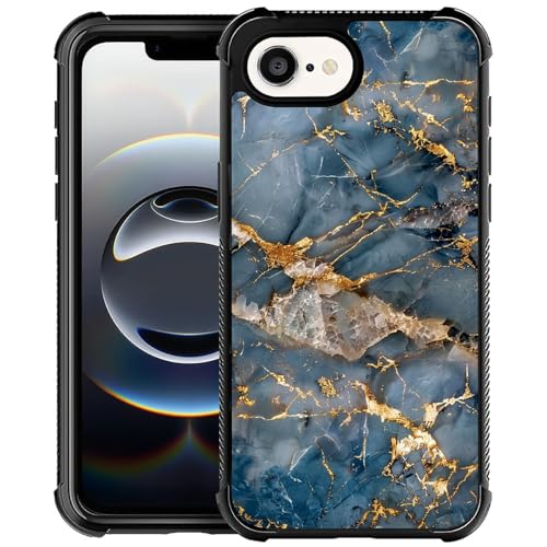 Coque iPhone 16e marbre bleu gris aux finitions haut de gamme et détails dorés