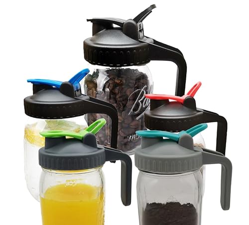 Mason Jar Lids with Handle and Gasket, Wide Mouth, Anti-Slip, for Cold Brew Coffee and Iced Tea, Set of 5 (Jars Not Included)