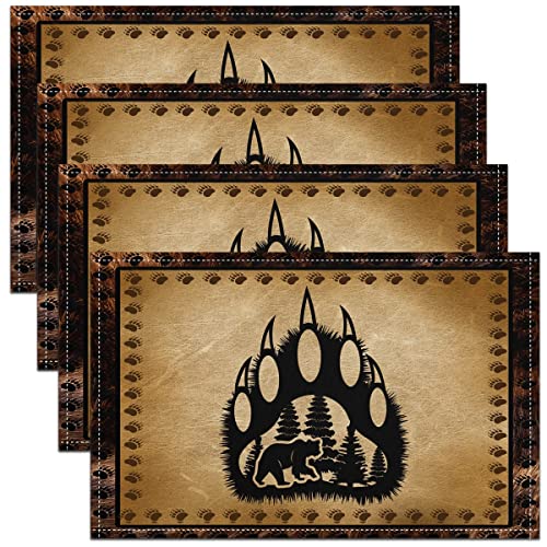 Jejeloiu Bear Paw Print Kitchen Dinner Party Table Mats Nature Wildlife Bear Head Jejeloiu Placemats Wild Animal Washable Fabric Table Mats Placemat Natural Theme Brown Exotic Style Table Place Mats,18 Inchx12 Inch cover