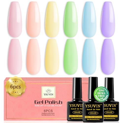 YSUVIN Esmaltes Semipermanentes, TPO-FREE HEMA-FREE, 6 Colores Macaron Pastel Rosa Verde Amarillo Azul Violeta, Esmalte de Uñas Secado Rapido Pintauñas Tradicional Gel Soak Off UV LED Kit De Manicura